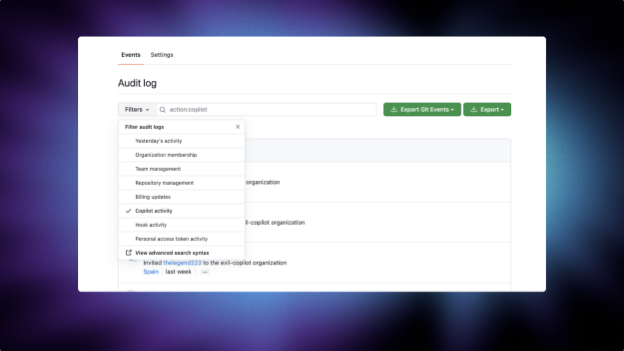 Copilot filter selected in the audit log and the log showing Copilot events